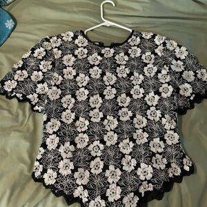Vintage Beaded Black and White Floral Top